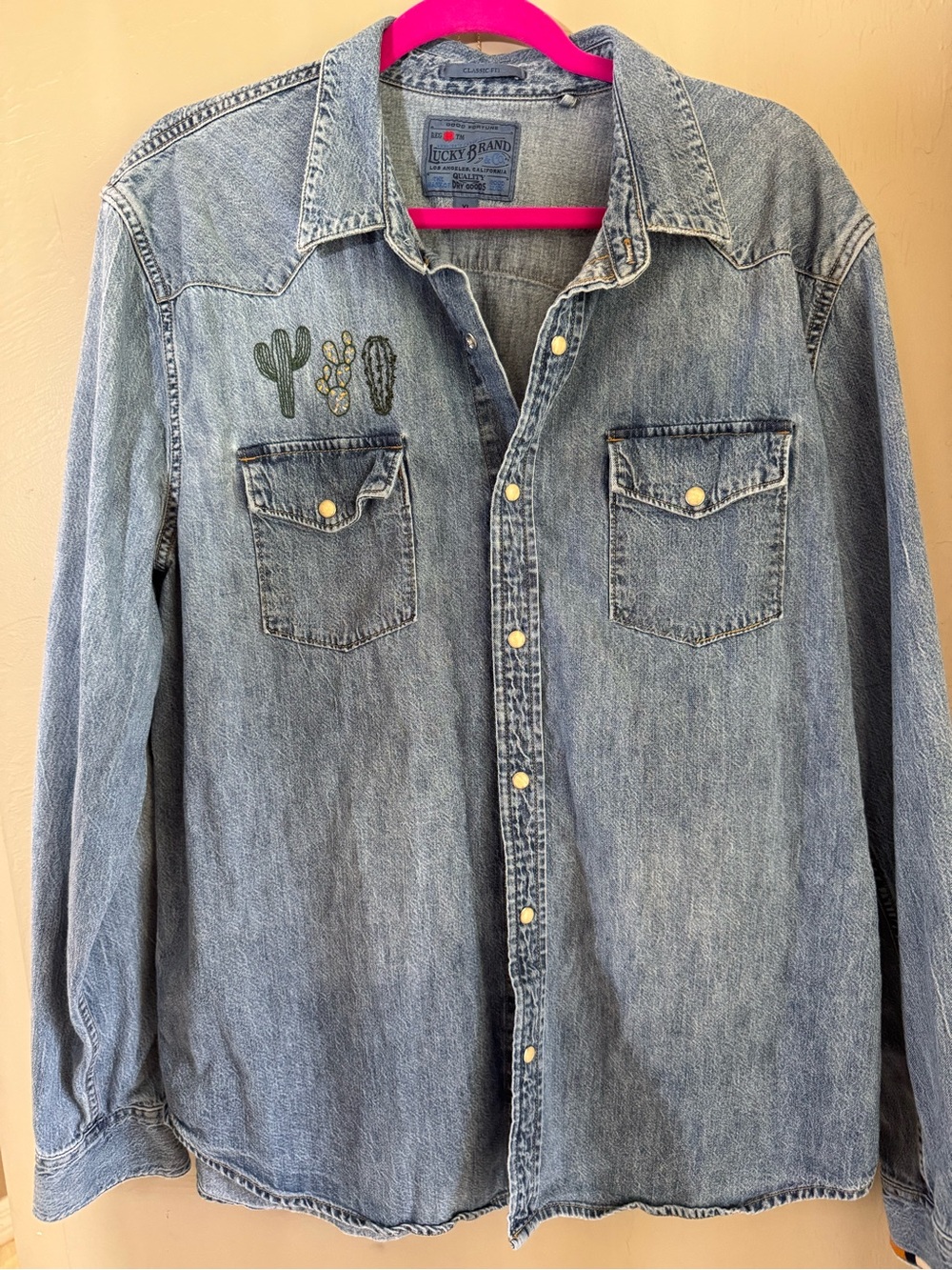 Lucky Brand Light Blue Denim Western Button-Down Shirt with Cactus Embroidery